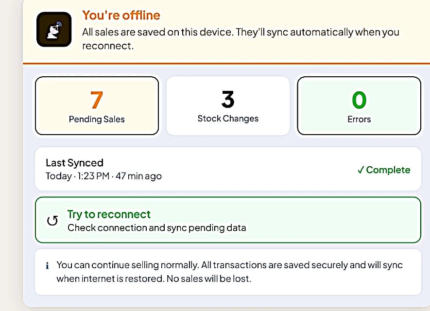 SmarterPOS offline status panel showing pending sales, stock changes, and a reconnect button