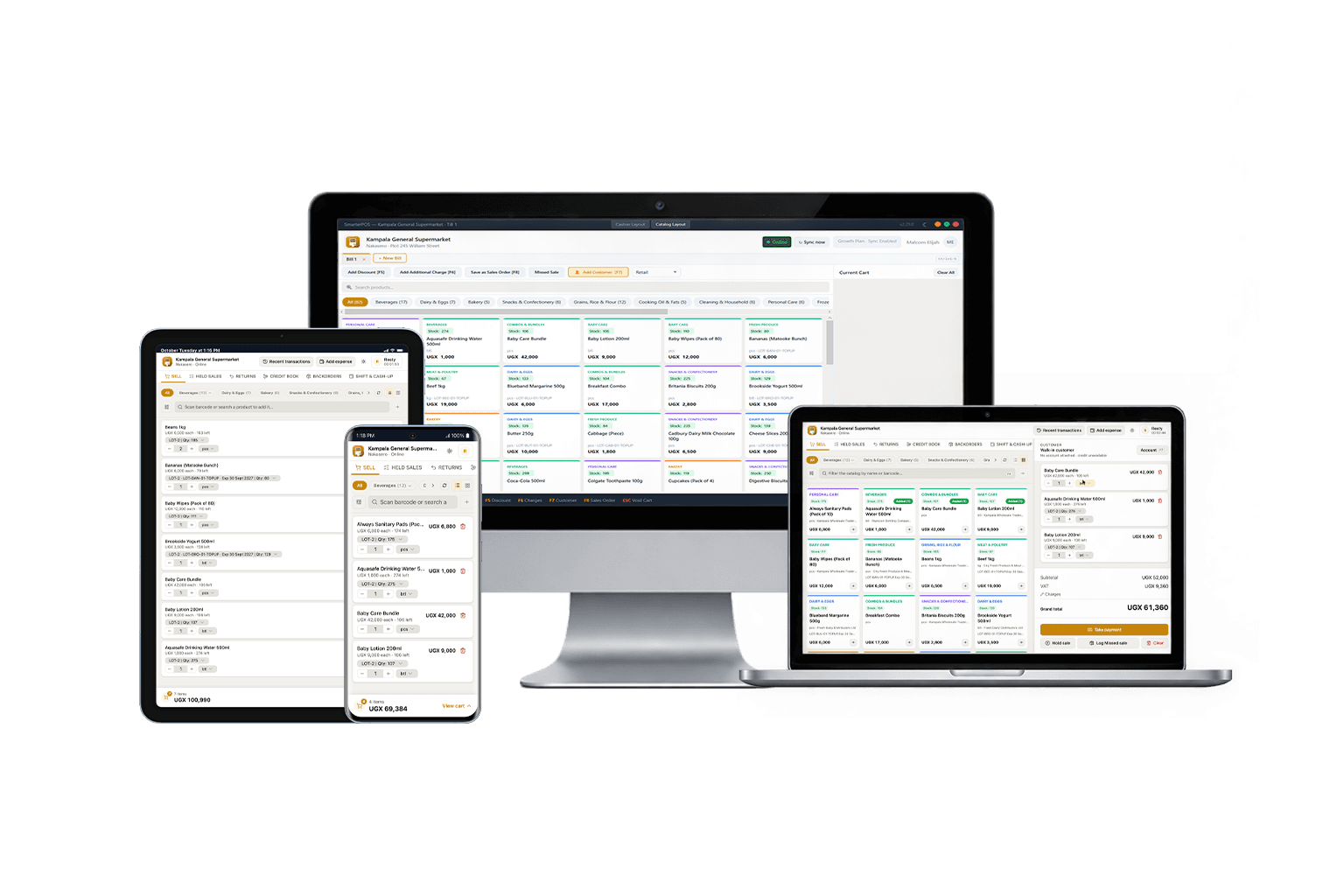 SmarterPOS till on a laptop with the catalog, a cart with customer details, and payment buttons for cash, MTN MoMo, Airtel Money, and card