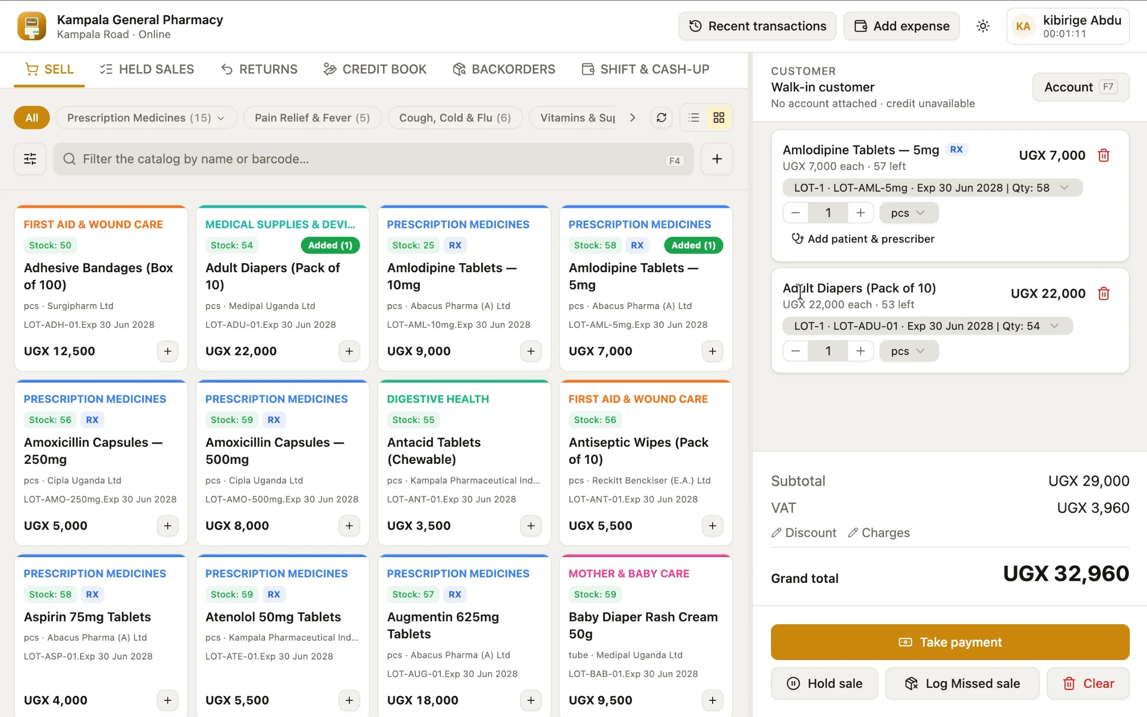 SmarterPOS catalog view with stock levels and batch lot numbers on each product card